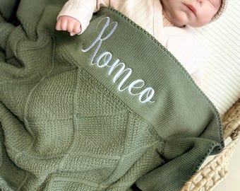 Personalized Baby Blanket – Embroidered Name Gift, Soft Knit Diamond Blanket, Newborn Baby Shower Gift, Photo Prop Keepsake, Name Blanket