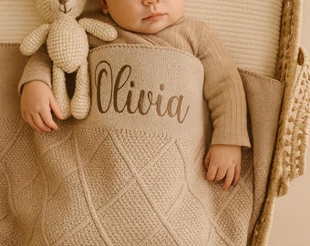 Personalized Knit Baby Blanket, Customized Name Blanket, Newborn Gift, Embroidered Baby Shower Keepsake, Name Announcement, Stroller Blanket