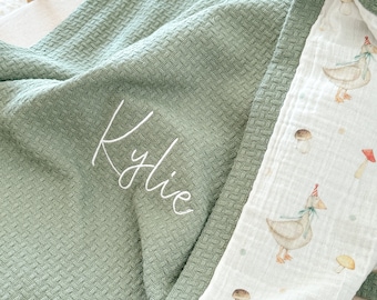 Embroidered Personalized baby blanket boy Waffle baby blanket with name, Stroller blanket, Organic space baby muslin blanket