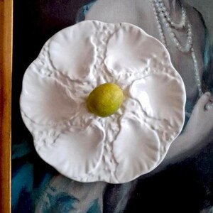 May include: A white ceramic oyster plate with six compartments and a textured surface. A single yellow-green lemon sits in the centre. The plate is set against a blurred background.