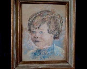 Portret van een jongen Pastelkleurkunsttekening ingelijst en geglazuurd Originele antieke kunstcollectie begin 20e eeuw