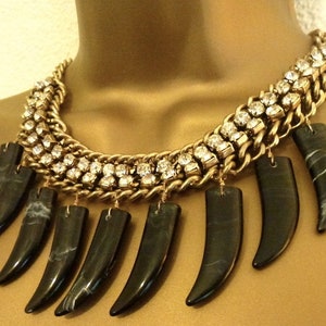 Large Chain Crystal and  Horn Tusk Modern Choker Necklace Unique and Rare