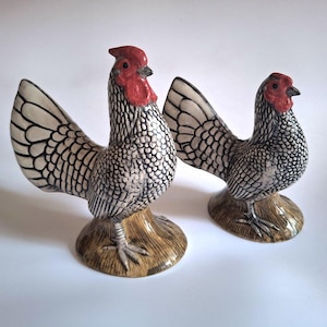 Cockerel & Hen Salt and Pepper Shakers Ceramic Rooster Sebright Silver Cruet Set  Farm Birds Animal Pots