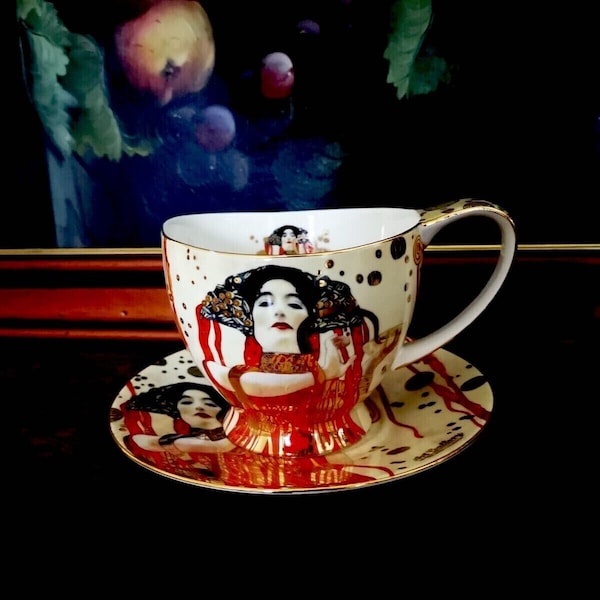 Très grande tasse à thé en céramique Carmani, tasse à café et soucoupe Gustav Klimt Hygieia, collection galerie d'art or rouge