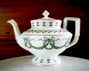Very Rare Antique Sarreguemines French Porcelain Tea Pot with Laurel Leave 19th century