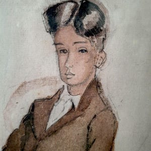 Portrait d'un garçon assis, aquarelle, dessin encadré et émaillé, collection d'art antique originale du début du XXe siècle, 1937