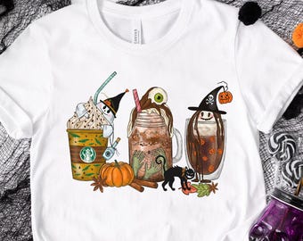 Halloween coffee png digital design, iced coffee cup png, coffee lover fall png, ghost witch coffee png, cute retro halloween png