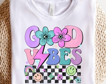 Good Vibes PNG Digital Design, retro summer vibes png, motivational inspirational png, hippie groovy shirt, smiley happy face png, tshirt