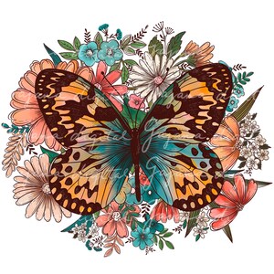 May include: A colorful butterfly with orange, yellow, and blue wings is surrounded by a variety of flowers in shades of pink, red, white, and blue.
