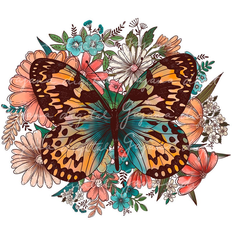 May include: A colorful butterfly with orange, yellow, and blue wings is surrounded by a variety of flowers in shades of pink, red, white, and blue.