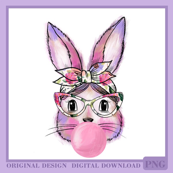 Bunny Bubble Gum PNG - Rabbit with Glasses - Digital Download - Sublimation Design - Funny Bunny Blowing Bubble - Watercolor Bunny"