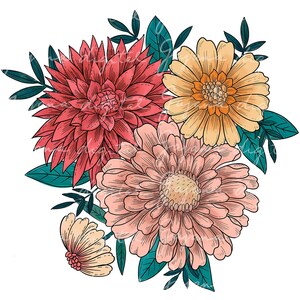 May include: A bouquet of flowers with a red dahlia, a peach-colored zinnia, and a yellow daisy. The flowers are surrounded by green leaves.
