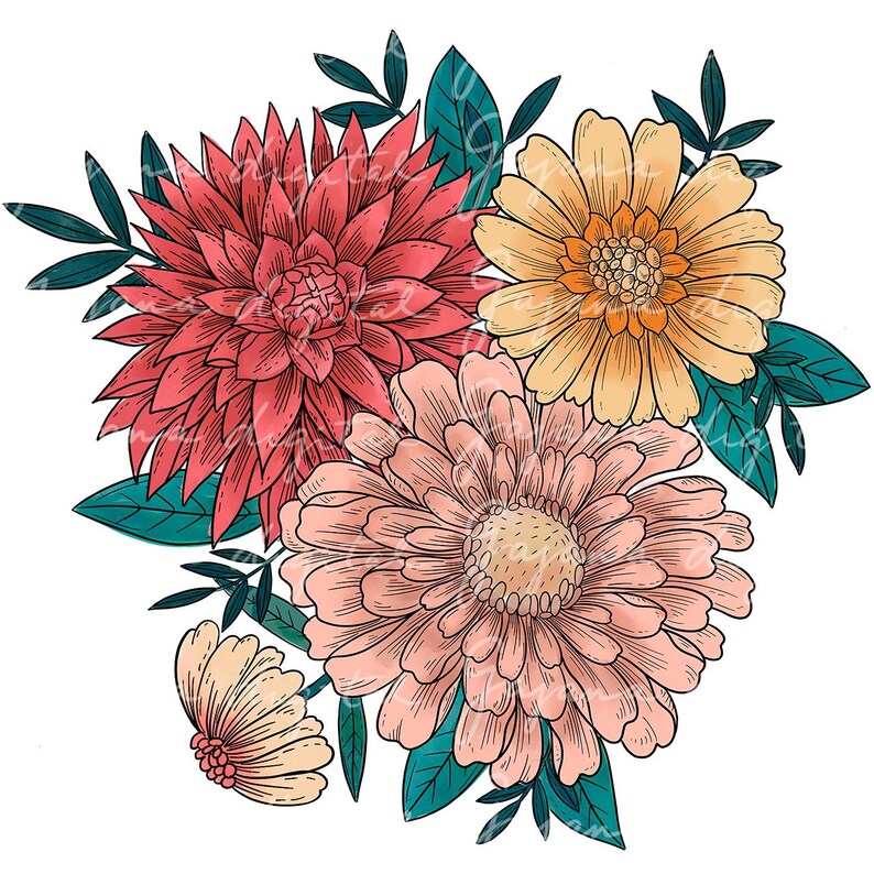 May include: A bouquet of flowers with a red dahlia, a peach-colored zinnia, and a yellow daisy. The flowers are surrounded by green leaves.