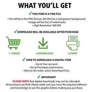 May include: A digital download graphic with a green checkmark and the text "THIS ITEM IS A PNG FILE". The graphic also includes a shopping cart, a download arrow, and a printer icon. The text "DOWNLOAD WILL BE AVAILABLE AFTER PURCHASE" is also included. The graphic provides instructions on how to download a digital item.