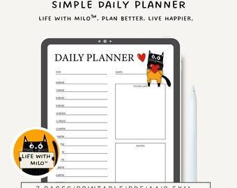 Planificador diario de gatos imprimible en PDF, lindo planificador diario sin fecha con gato negro, horario por horas, lista de tareas, seguimiento de hábitos, descarga instantánea.