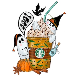 Ghost with Coffee PNG – Cute Halloween and Christmas Sublimation, Iced Coffee Boo Ghost, Spooky Season Kids Funny Digital Download