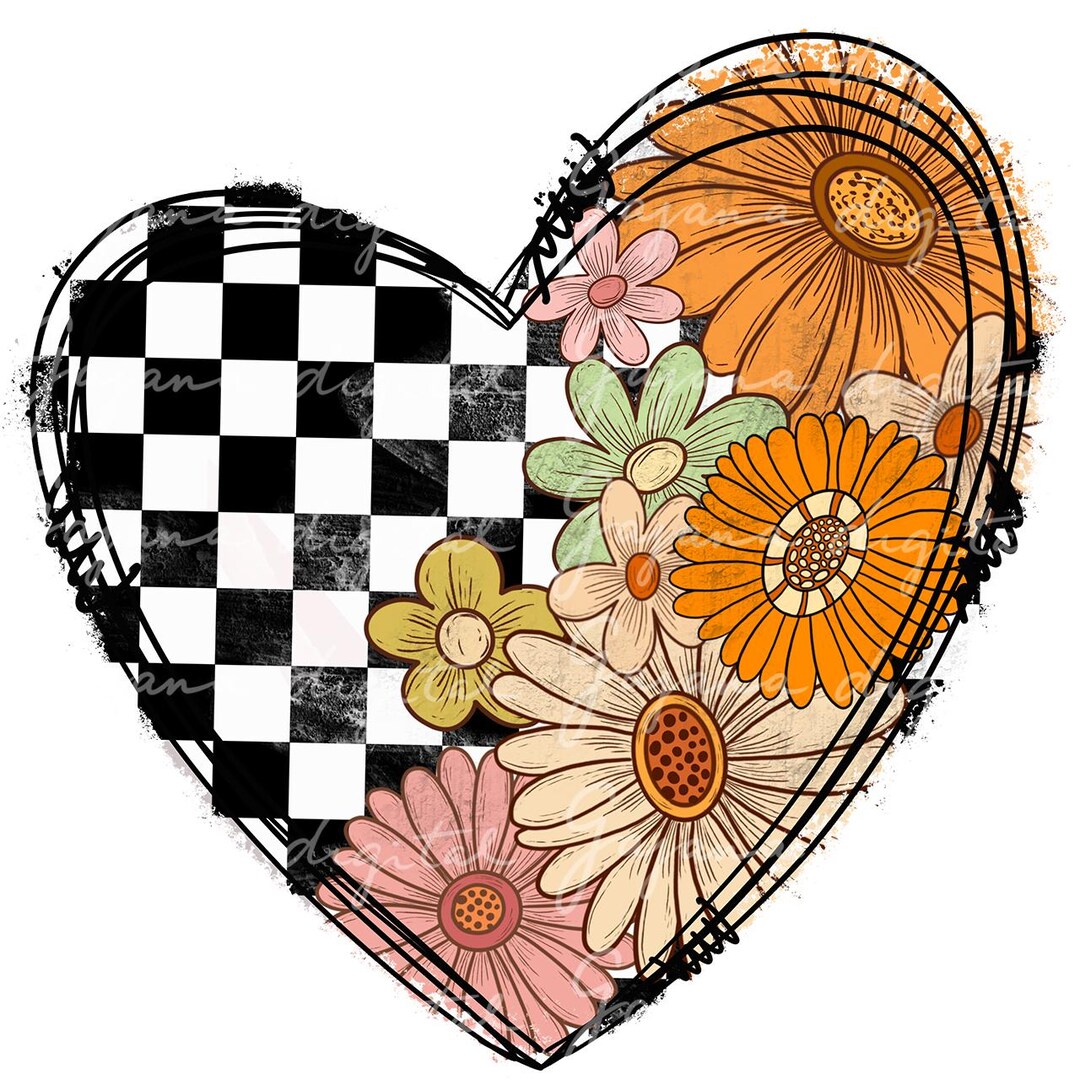 Checkered Heart PNG, Retro Heart PNG, Digital Download, Floral Heart ...
