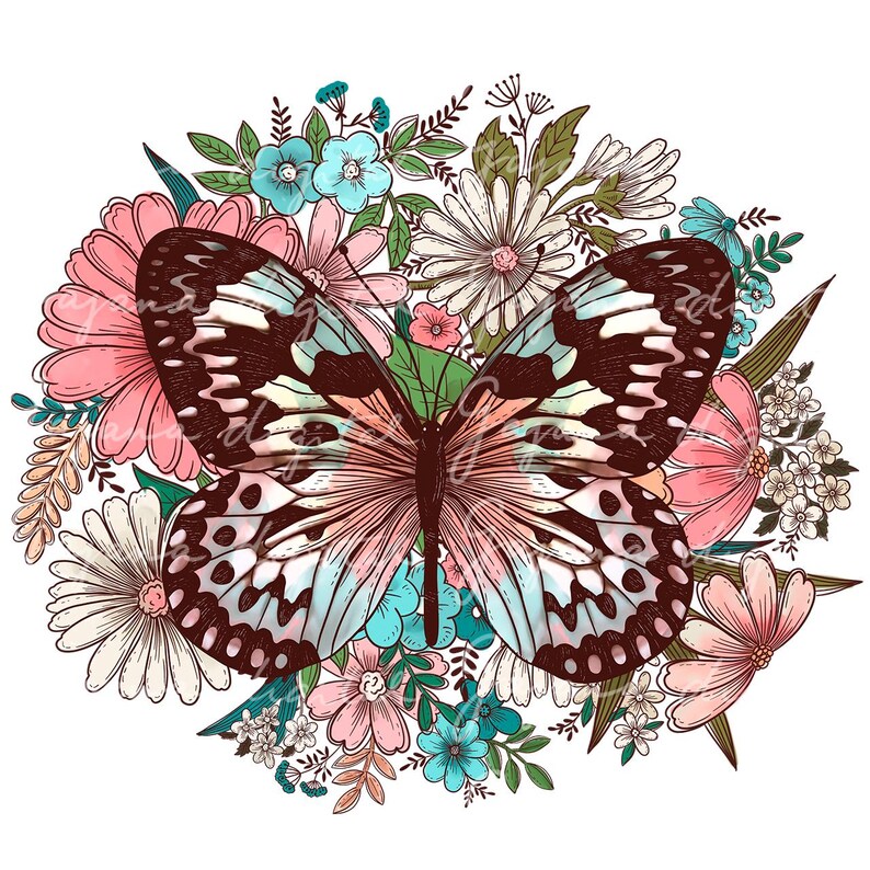 Puede incluir: Una ilustraci&oacute;n colorida de una mariposa con alas rosas, azules y marrones rodeada de una variedad de flores en tonos de rosa, blanco y azul.