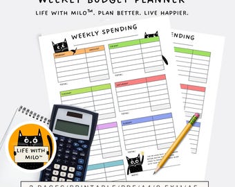 Planificador de gastos semanales imprimible / Rastreador de presupuesto semanal / A4 8.5x11 A5 / Descarga instantánea en PDF / Planificador con diseño de gato adorable
