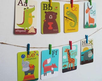 Tarjetas didácticas imprimibles de animales del alfabeto, tarjetas ABC de 5 x 7 pulgadas, decoración de pared para guardería, tarjetas de aprendizaje para niños, ilustraciones dibujadas a mano, regalo para baby shower