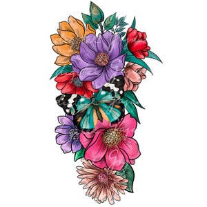 花束PNG、カラフルな花PNG、花の蝶PNG、デジタルダウンロード、紫色の花、手描きの花束、春、自然