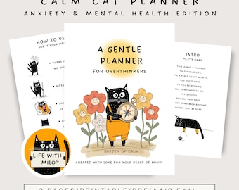 Planificador de ansiedad imprimible en PDF, Diario de salud mental con un lindo gato, Registro diario del estado de ánimo, Planificador de TCC, Alivio de la ansiedad, Sin fecha, Descarga instantánea