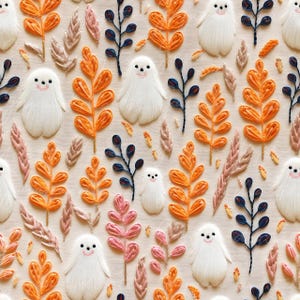 Ghost Seamless Pattern, Faux Embroidery, Floral Ghost Design, Digital Download, Spooky Season, Embroidery Pattern, Embroidery Seamless