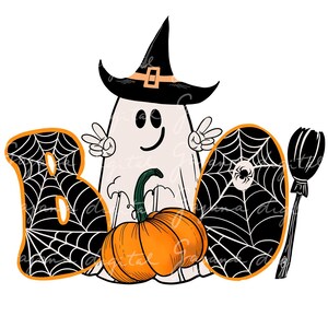 May include: A white ghost wearing a black witch hat with a buckle and holding a pumpkin. The ghost is in front of the word "BOO" with a spider web design and a black broom.