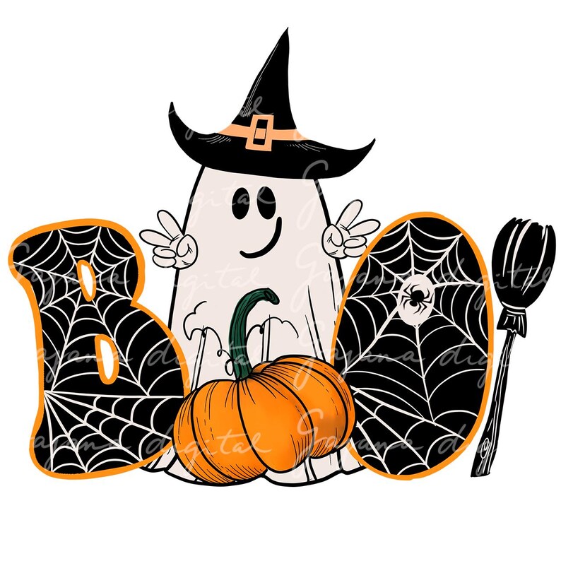 May include: A white ghost wearing a black witch hat with a buckle and holding a pumpkin. The ghost is in front of the word "BOO" with a spider web design and a black broom.