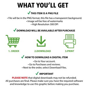 Pu&ograve; includere: Una grafica di download digitale con un segno di spunta verde e il testo "THIS ITEM IS A PNG FILE". La grafica include anche un carrello della spesa, una freccia di download e un'icona della stampante. Il testo "DOWNLOAD WILL BE AVAILABLE AFTER PURCHASE" &egrave; incluso. La grafica fornisce istruzioni su come scaricare un articolo digitale.