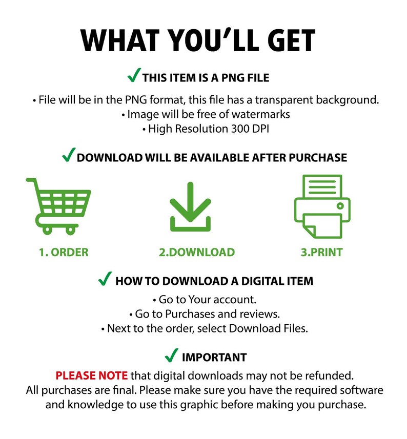 Puede incluir: Un gr&aacute;fico de descarga digital con una marca de verificaci&oacute;n verde y el texto "THIS ITEM IS A PNG FILE". El gr&aacute;fico tambi&eacute;n incluye un carrito de compras, una flecha de descarga y un icono de impresora. El texto "DOWNLOAD WILL BE AVAILABLE AFTER PURCHASE" tambi&eacute;n est&aacute; incluido. El gr&aacute;fico proporciona instrucciones sobre c&oacute;mo descargar un art&iacute;culo digital.