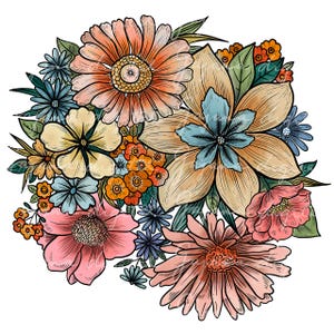 May include: A colorful bouquet of flowers with pink, orange, yellow, blue, and green hues. The flowers are arranged in a circular pattern and have intricate details.