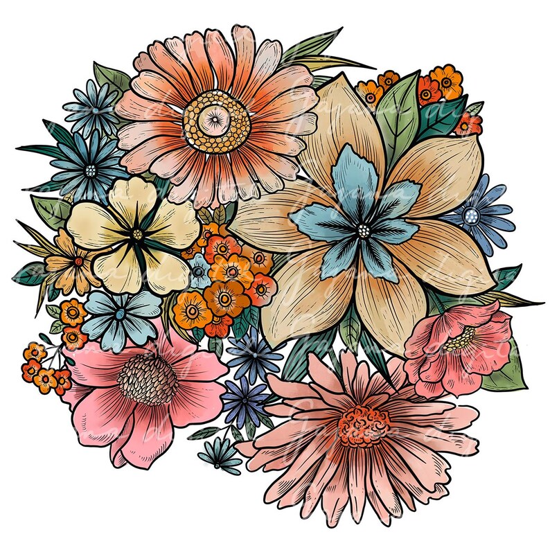 May include: A colorful bouquet of flowers with pink, orange, yellow, blue, and green hues. The flowers are arranged in a circular pattern and have intricate details.