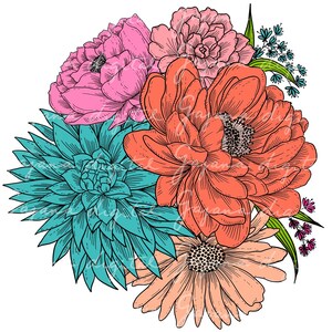 Pu&ograve; includere: Un bouquet di fiori in tonalit&agrave; rosa, arancio e turchese. Il bouquet comprende un grande fiore arancione con un centro scuro, un fiore rosa con un centro bianco e un fiore turchese con un centro bianco.