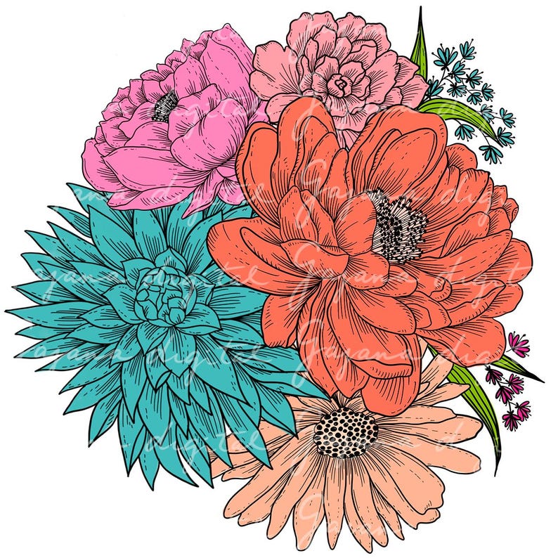 Pu&ograve; includere: Un bouquet di fiori in tonalit&agrave; rosa, arancio e turchese. Il bouquet comprende un grande fiore arancione con un centro scuro, un fiore rosa con un centro bianco e un fiore turchese con un centro bianco.