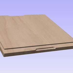 May include: A light brown wooden chopping board with a recessed edge and a handle cutout. The rectangular board has a smooth surface and is designed for food preparation. The board is set against a light blue background.