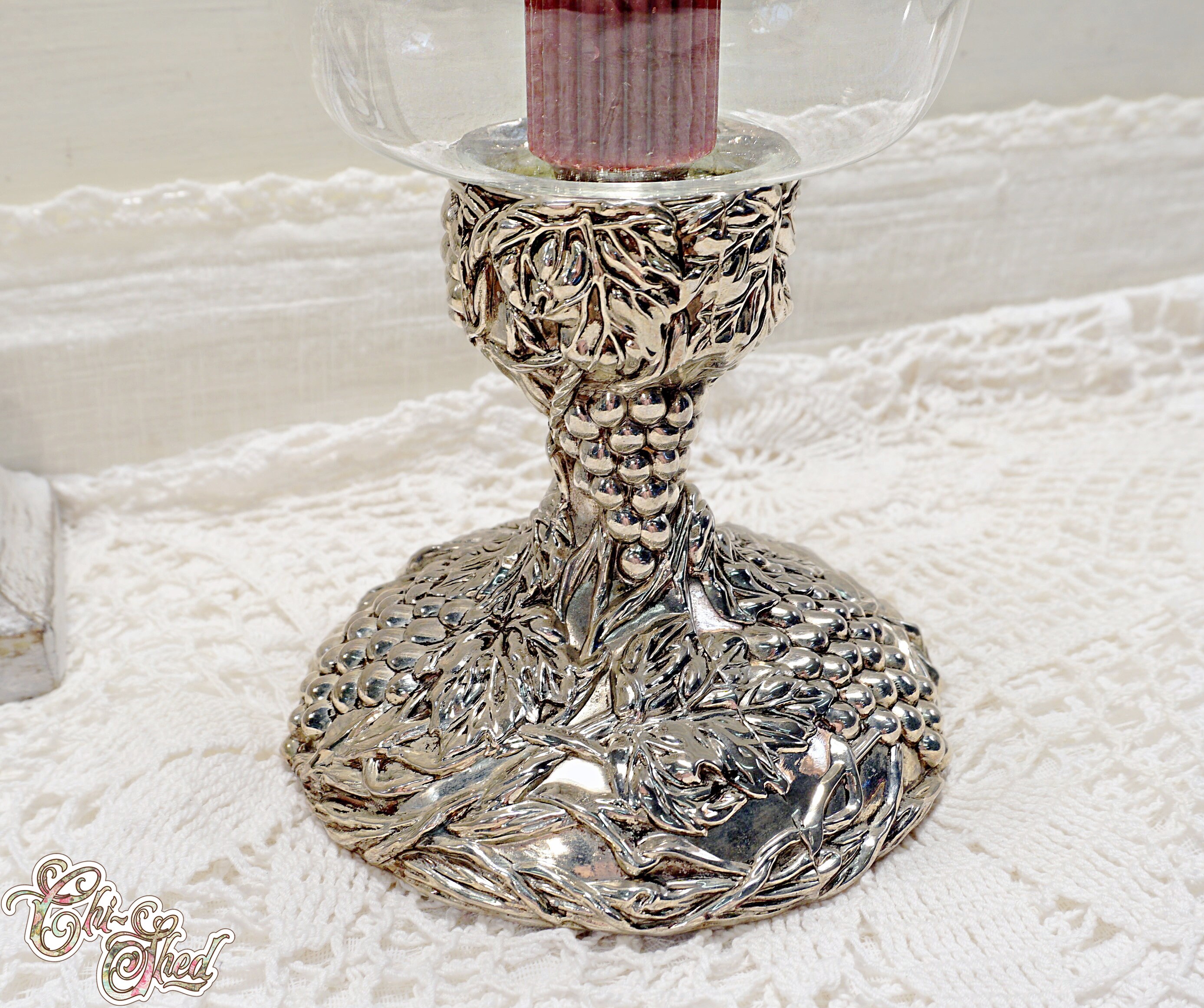 Silver Plated Grapevine Candle Holder with Hurricane Shade Etsy