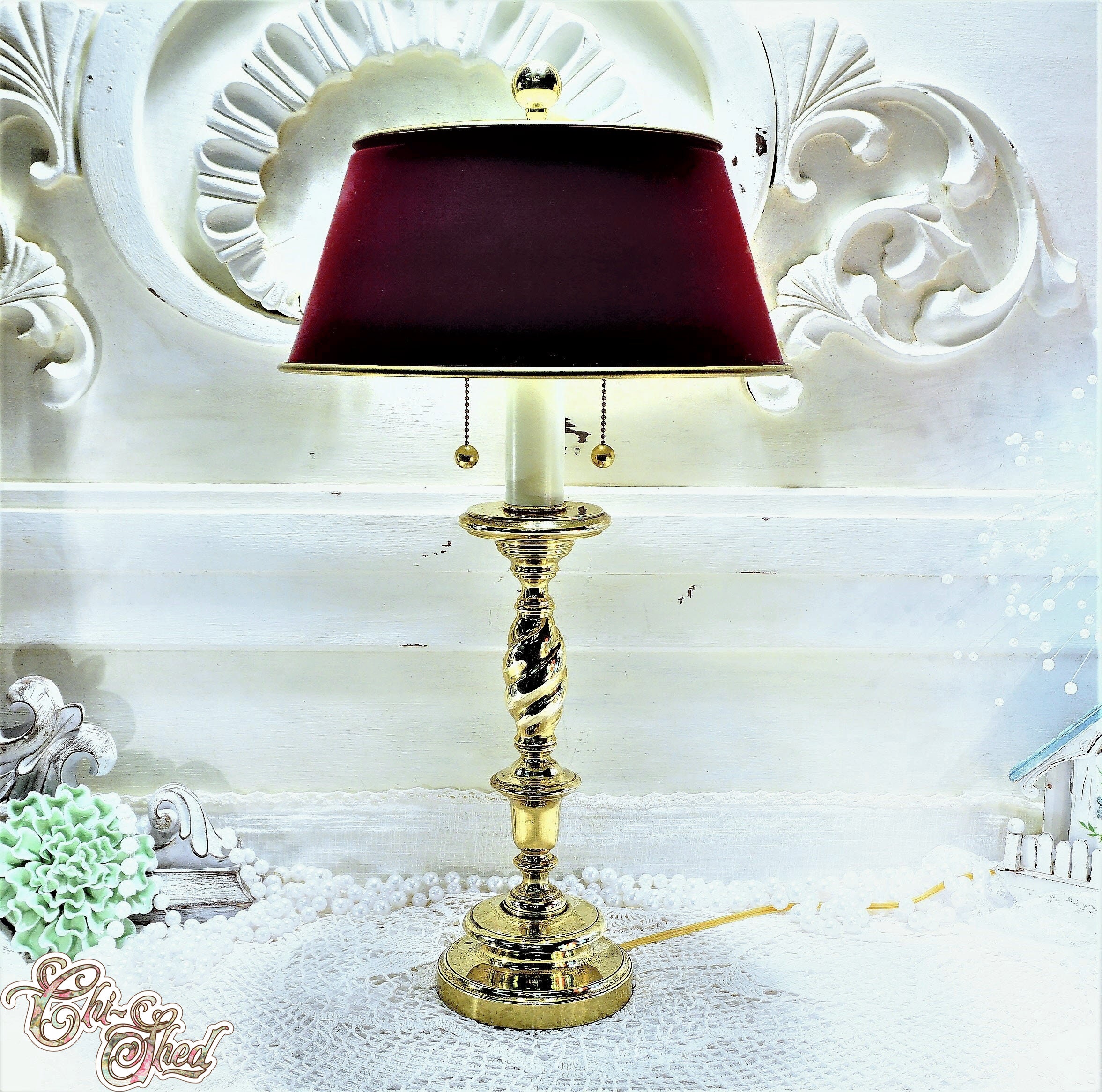 Vintage Solid Brass 2 Light Table Lamp with Maroon Metal Shade Etsy