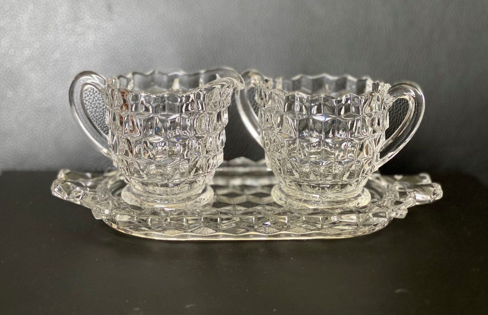Vintage Creamer, Sugar & Tray Set, American Clear, Stem 2056 by