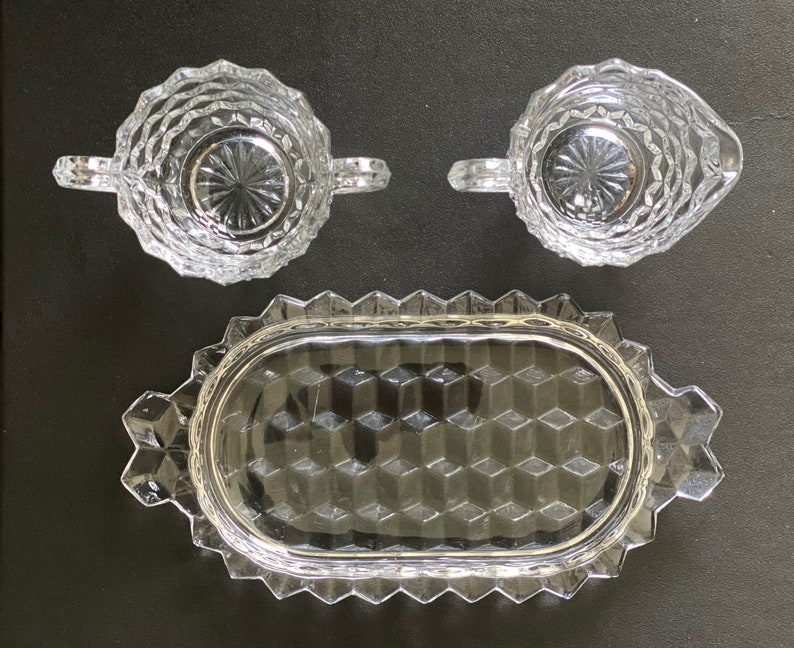 Vintage Creamer, Sugar & Tray Set, American Clear, Stem 2056 by