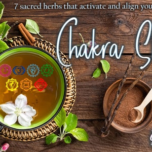 Op de afbeelding: Een groene theekop met een bruine rieten onderzetter, gevuld met een lichtbruine vloeistof en zeven kleurrijke chakra-symbolen. De theekop staat op een houten oppervlak met een kom met bruin poeder en twee vanillebonen.