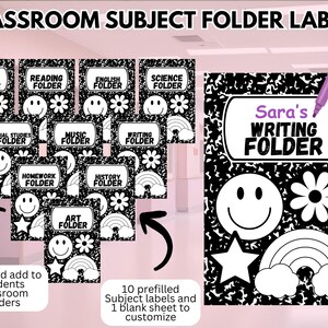 May include: Classroom subject folder labels with various subjects like Math, Reading, and English. Each label features a smiley face, star, flower, and rainbow. One label is personalized with "Sara's WRITING FOLDER". The text says "Print and add to students classroom folders".
