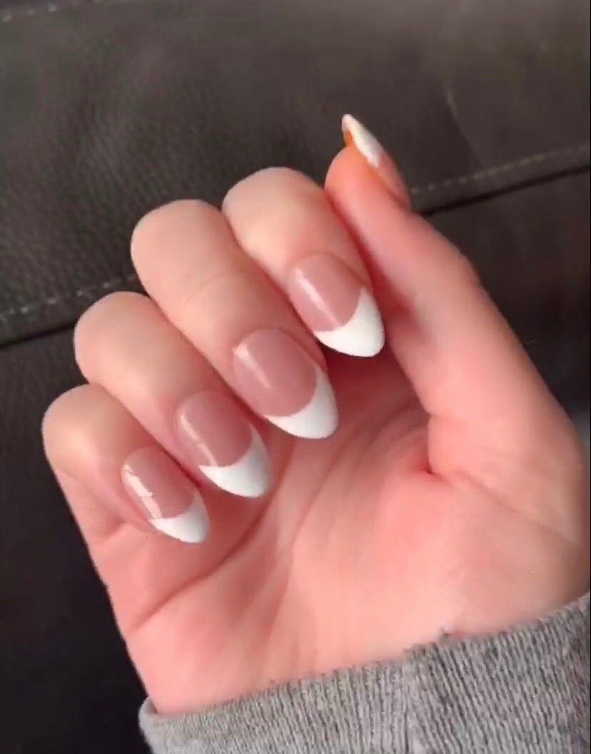 French Tip full set Gel Press On Nails Oval Shape Medium Etsy