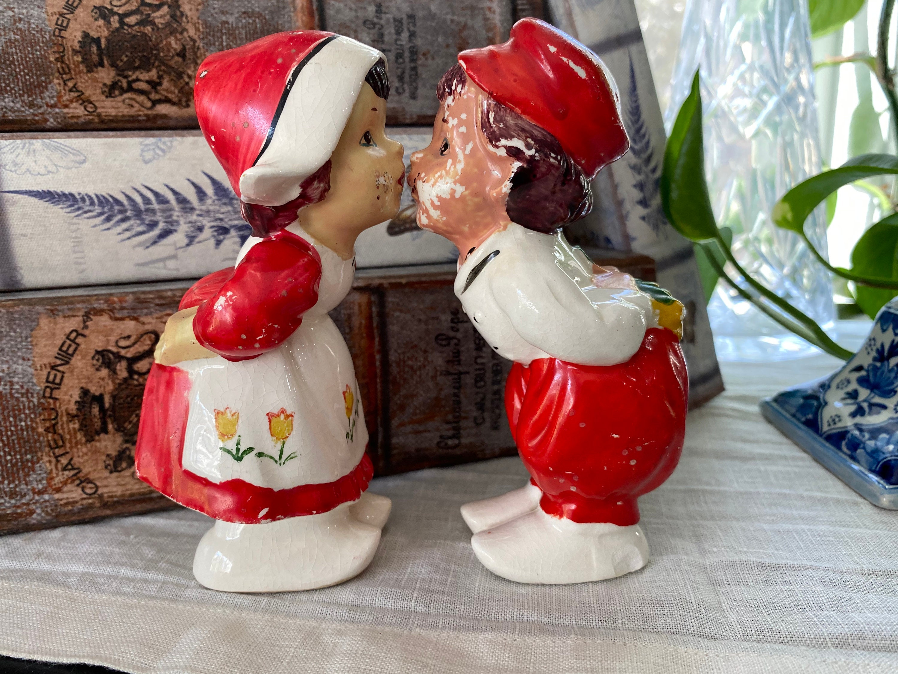 Antique Vintage Hand Bells Dutch Boy and Girl Couple Figurine Pair Set