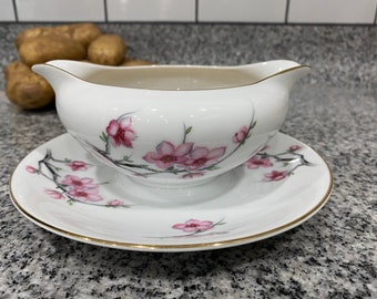 Diamond China CHERRY BLOSSOM Pattern Gravy Boat with Attached Underplate