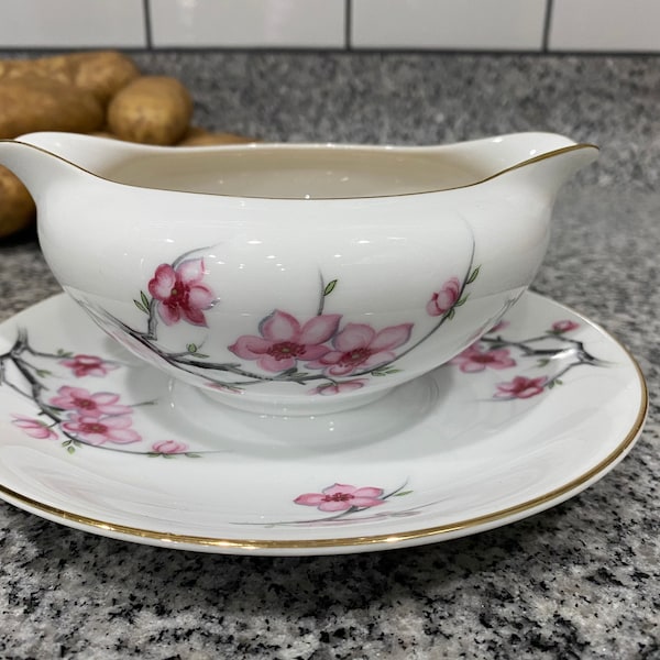 Diamond China CHERRY BLOSSOM Pattern Gravy Boat with Attached Underplate