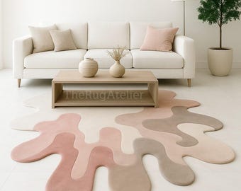 Handmade New Zealand Wool Rug, Pink Beige Abstract Irregular Melting Rug