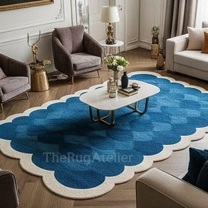 Modern Blue Scallop Rug for Living Room | Geometric Area Rug 5x8 6x9 8x10 9x12 | Bold Abstract Carpet | Contemporary Home Decor