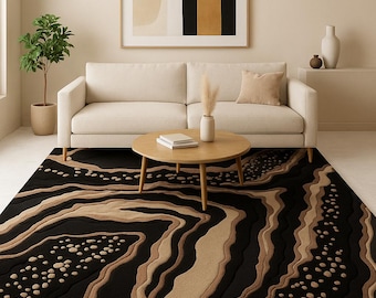 Luxury Hand-Tufted Wool Silk Rug | Modern Abstract Black & Gold Area Carpet | Living Room Decor