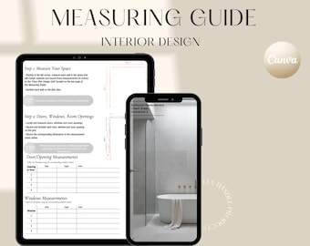 May include: A digital tablet and smartphone display a measuring guide for interior design. The guide includes instructions on how to measure spaces, doors, windows, and room openings. The tablet screen shows a grid for recording measurements. The smartphone screen shows a photo of a bathroom with a white bathtub.